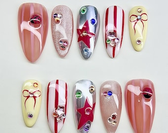 Kleurrijke kristallen sterbedels pers op nagels, 3D-lieveheersbeestjenagels, Y2K-nagels, Cat Eye-nagels, Franse nagels, stripnagels, lente zomer nagels