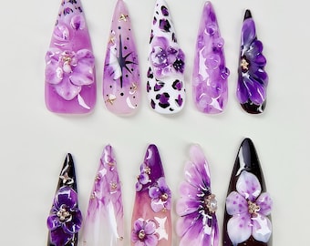 Paarse bloeibloem Druk op de nagels, Lange stilettonagels, 3D bloemennagels, Nepnagels strand, Zomervakantienagels, Nagels verjaardagsfeestje, Nagels voor Verjaardag