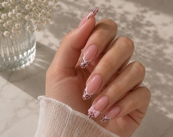 Roze luipaardprint Franse punt met strik Druk op de nagels, elegante nagels, aangepaste nagels, kawaii-nagelset, lente zomer nagels