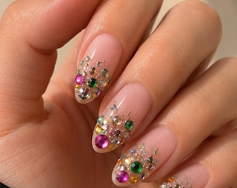 Colorful Rhinestone French Press On Nails, Elegant Nails, Custom Nails, Multicolor Gem Junk Nails,  Birthday Spring Summer Nails