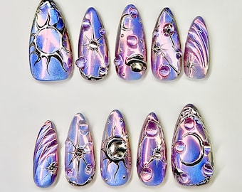3D-paarse Aurora Cat Eye-sterrenbeeld pers op nagels, hemelnagels, chroom Y2K-nagels, Moon Sun Star-nagels, Galaxy-nagels