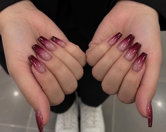 Burgundy Cat Eye Ombre Press On Nails, Autumn Fall Winter Nails, Dark Red Cherry Nails, Basic Nails, Y2K Nails, Elegant Nails, Simple Nails