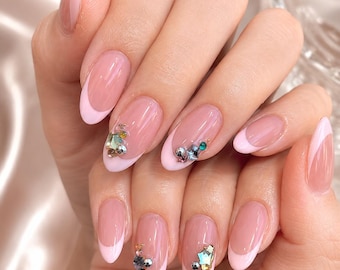 Rhinestone Shiny Pink French Press On Nails, Pink Nails, Elegant Nails, Custom Nails, Star Gem Junk Nails,  Spring Summer Nails