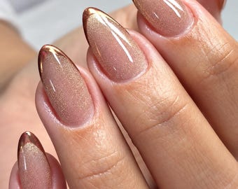 Uñas postizas con punta francesa cromadas doradas brillantes, uñas Aura, uñas ojo de gato blanco lechoso, uñas elegantes, uñas para uso diario, uñas minimalistas