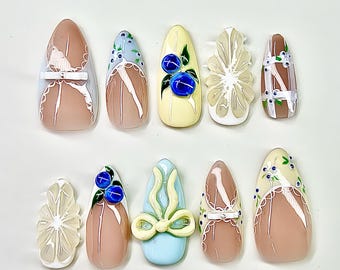 3D bosbes en limonade pers op nagels, pastel geel blauwe nagel set, lente zomer nagels, kawaii nagel set, Y2K-nagels, limoen striknagels
