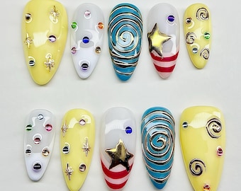 Y2K schattige druk op nagels, strass-nagels, kawaii-nagelset, gele nagels, retro meisje nepnagels, lente zomer nagel, colourpop kristallen nagel