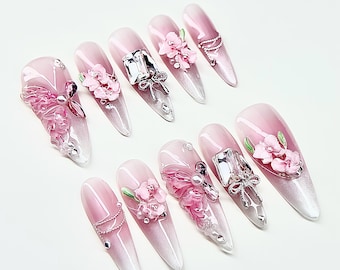Coquette Press on Nails, roze prinsessennagels, 3D-bloemnagels, geschenkdoos bedelnagels, lange kistnagels, kawaii-nagelset