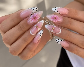 Pink Flower Polka Dot Press On Nails, Pink Nails, Gifts For Her Nails, Chrome Nails, Spring Summer Birthday Fake Nails, Elegant Nails