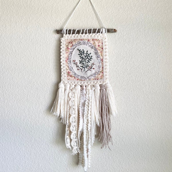 Fern/Floral Embroidered Woven Wall Hanging | Tapestry Wall Hanging Woven