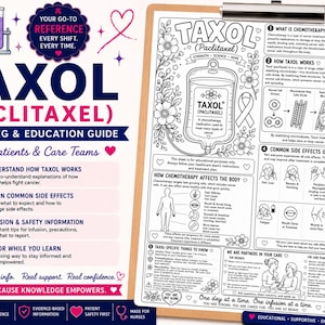 May include: A Taxol (Paclitaxel) coloring and education guide for patients and care teams. The document features detailed medical information, diagrams of chemotherapy mechanisms, side effects, and patient care tips, presented in a clear, organized layout.