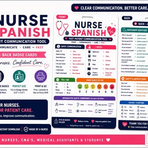 May include: Nurse Spanish badge cards for fast patient communication, featuring essential phrases. The cards are designed for nurses, medical assistants, and students. Includes basic communication, assessment questions, and medication information.