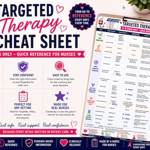 May include: A Targeted Therapy Cheat Sheet for nurses, featuring a color-coded table of IV drugs, infusion times, side effects, and nursing considerations. The document includes icons, text headers, and a clinical reference guide for oncology care.