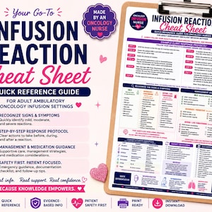 May include: An oncology infusion reaction cheat sheet on a clipboard with a pink stethoscope and pens. The document features a quick reference guide for adult ambulatory oncology infusion settings, including signs, symptoms, and response protocols.