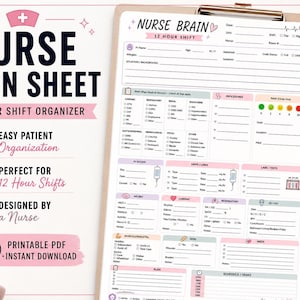 Könnte beinhalten: Ein Nurse Brain Sheet für 12-Stunden-Schichten mit Abschnitten für Patienteninformationen, Verfahren und einen Zeitplan. Das Design umfasst rosa und schwarzen Text mit Symbolen und den Text "Nurse Brain Sheet".