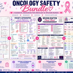 May include: An oncology safety bundle featuring four printable PDF resources for nurses. The documents include an infusion nurse brain sheet, a vesicant and extravasation quick reference, an infusion reaction cheat sheet, and oncology lab values.