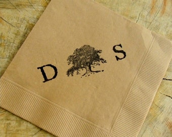 25 Rustic Personalized Light Burlap Beige Brown Wedding Cocktail Napkins With Southern Live Oak Tree and Large Couples Initials Microwedding