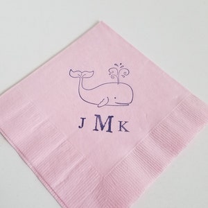 Personalized Baby Whale Nautical Baby Shower Napkins Light Pink 3 Ply Paper Cocktail Napkins in Navy ink with baby's monogram- Set of 50