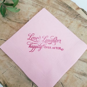 Love Laughter and Happily Ever After Light Pink and Plum Wedding Reception Hand Stamped 3 Ply Paper Beverage Cocktail Napkins Set of 50 image 1
