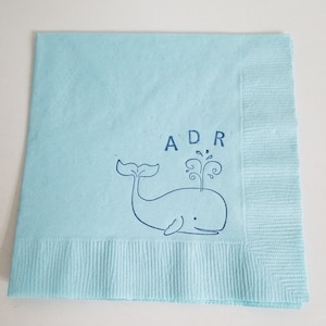 Personalized Baby Whale Nautical Baby Shower Napkins Light Blue 3 Ply Paper Cocktail Napkins in Navy ink with baby's initials- Set of 50