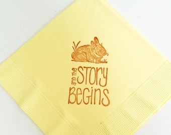 The Story Begins Baby Bunny Baby Shower Napkins Light Yellow Cocktail Napkins with Sepia ink Gender Neutral Baby Girl or Baby Boy- Set of 50