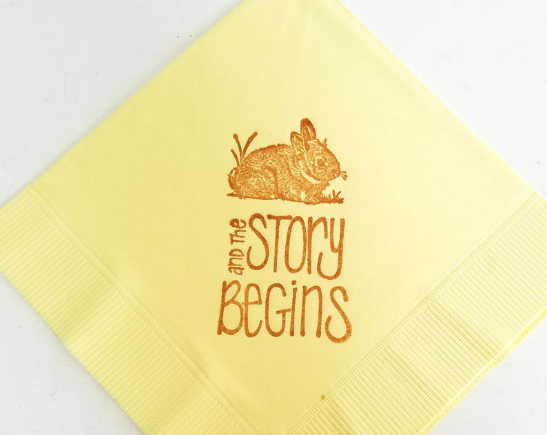 The Story Begins Baby Bunny Baby Shower Napkins Light Yellow Cocktail Napkins with Sepia ink Gender Neutral Baby Girl or Baby