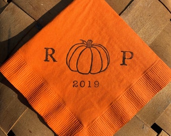 Little Pumpkin Personalized Fall Wedding Reception Orange 3 ply Paper Cocktail Napkins Autumn Halloween with initials and date - Set of 50