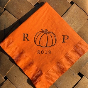 Little Pumpkin Personalized Fall Wedding Reception Orange 3 ply Paper Cocktail Napkins Autumn Halloween with initials and date - Set of 50