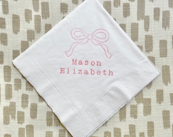 Personalized Baby Bow Shower White Beverage Cocktail Napkins Baby Girl in Light Pink ink- Set of 50