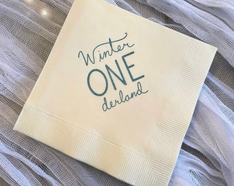 25 Winter ONEderland first birthday party cocktail beverage napkins Ivory and dusty blue ink 5x5 inches