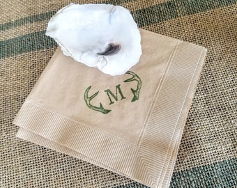 Personalized Deer Antler Monogram Light Burlap Rustic Woodsy Fall Wedding Paper Cocktail Napkins with Initial in Olive Green ink- Set of 50
