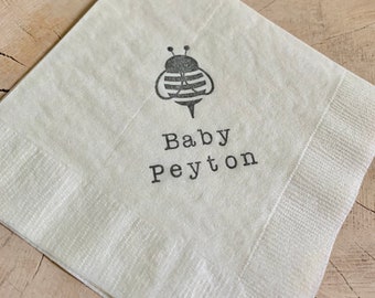 Personalized Baby Shower Cute Little Honey Bee Ivory 3 Ply Paper Beverage Cocktail Napkins with Baby name in grey ink - Set of 50