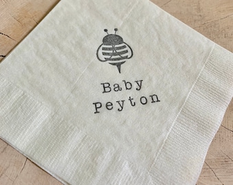 Personalized Baby Shower Cute Little Honey Bee Ivory 3 Ply Paper Beverage Cocktail Napkins with Baby name in grey ink - Set of 50