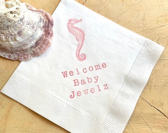 Welcome Baby Shower Seahorse Custom Cocktail Napkins White Napkins with Light Pink ink Under the Sea 3 Ply Paper beverage 5x5 - Set of 50