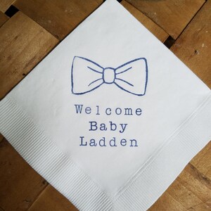 Welcome Baby Shower Bowtie Custom Cocktail Napkins White Napkins with Navy ink Baby Shower 3 Ply Paper beverage napkins 5x5 - Set of 50