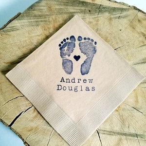 25 Footprints with Baby Name Baby Shower Napkins Light Burlap Personalized Custom Cocktail Napkins with tiny heart in Navy ink