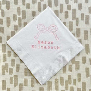 Personalized Baby Bow Ribbon Shower White Beverage Cocktail Napkins Baby Girl in Light Pink ink- Set of 50