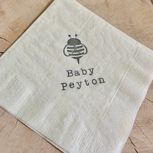 Personalized Baby Shower Cute Little Honey Bee Ivory 3 Ply Paper Beverage Cocktail Napkins with Baby name in grey ink - Set of 50