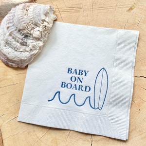 25 Baby on Board Surf Nautical Beach Baby Shower Cocktail Napkins White Napkins Navy Blue ink 3 Ply Paper beverage napkins 5x5