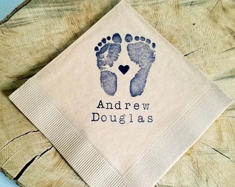 25 Footprints with Baby Name Baby Shower Napkins Light Burlap Personalized Custom Cocktail Napkins with tiny heart in Navy ink