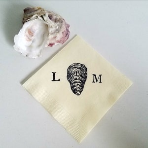 Oyster Shell Personalized Nautical Beach Marsh Wedding Beverage Napkins in Ivory Paper Cocktail Napkins with Couples Initials- Set of 50