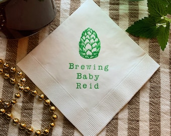 Brewing Baby Personalized Beer Hops 3 Ply Paper Beverage Cocktail Napkins White with Emerald Green ink Rustic Baby Shower - Set of 50