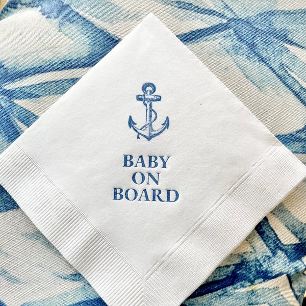 25 Baby on Board Anchor Nautical Baby Shower Custom Cocktail Napkins White Napkins Navy Blue ink 3 Ply Paper boating beverage napkins 5x5