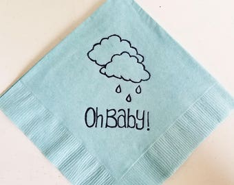 Oh Baby Rain Cloud Baby Shower Light Blue 3 Ply Paper Beverage Cocktail Napkins Raining Clouds Raindrop Gender neutral in Navy Ink Set of 50