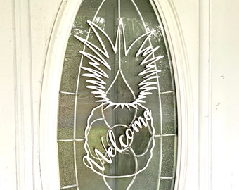 Welcome Pineapple Front Door Greeting Sign Birch Wood Laser Cut Design Southern Hospitality Charleston White 18”x10” Monogram Cursive Sign