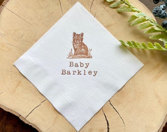 Baby Fox Custom Cocktail Napkins White Napkins with Sepia ink Woodland Creature Baby Shower 3 Ply Paper beverage napkins 5x5 - Set of 50
