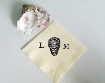 Oyster Shell Personalized Nautical Beach Marsh Wedding Beverage Napkins in Ivory Paper Cocktail Napkins with Couples Initials- Set of 50