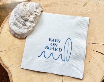 25 Baby on Board Surf Nautical Beach Baby Shower Cocktail Napkins White Napkins Navy Blue ink 3 Ply Paper beverage napkins 5x5