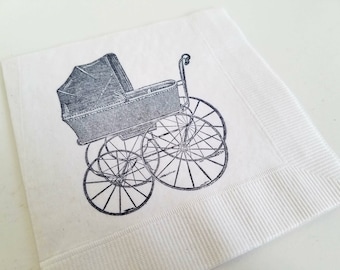 Baby Shower Baby Buggy Antique Pram Baby Carriage Baby Shower White Beverage Cocktail Napkins Baby Girl or Baby Boy in Black ink- Set of 50