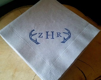 Personalized Napkins Deer Antler Monogram Dove Grey Rustic Woodsy Fall Wedding 3 Ply Cocktail Napkins with Initials in Navy ink- Set of 50