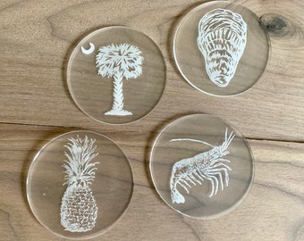 Lowcountry South Carolina Acrylic Coasters Laser Cut set of 4 Housewarming Gift Home Clear waterproof coasters Palmetto 3 inches